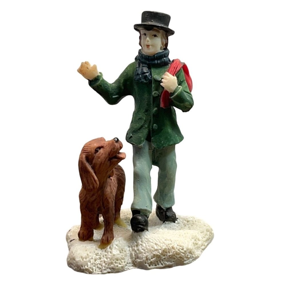 Vintage Christmas Village Figurine Young Man Walking Dog Handpainted
